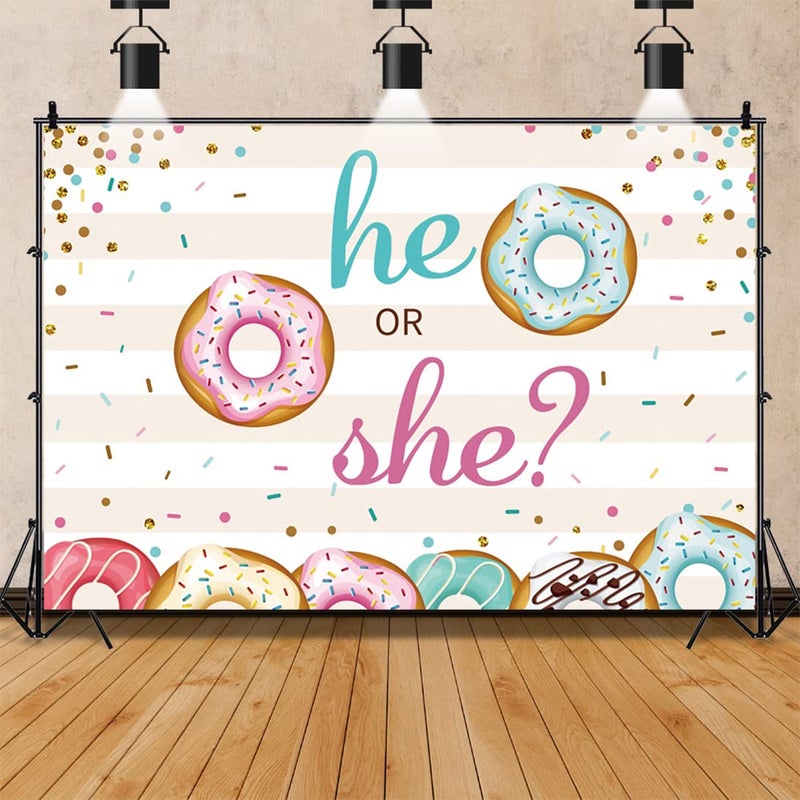 Renaiss 5x3ft Donut Gender Reveal Backdrop He or She Blue or Pink Colorful Donuts Sprinkles Confetti Stripe Sweet Desserts Photography Background for Baby Shower Party Decor Photo Studio Props - Image 2